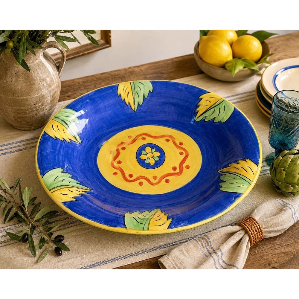 Deruta Hand Painted Serving Bowl Large Blue Yellow Italian Kitchen Ceramic Decor